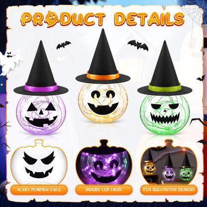 LemonRoad 6 Pack Halloween LED Jack O Lantern Table Decor with Witch Hat Plastic Lighted Pumpkin Jars Mantel Tiered Tray Table Centerpieces for Indoor Outdoor(Orange, Green, Purple)