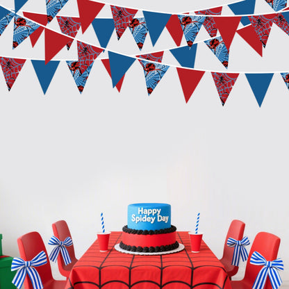 32Ft Spider Party Decorations Red Blue Spider Web Triangle Flag Pennant Banner Fabric Garland Streamer for Kids Boys Cartoon Super Heros Movie Birthday Superhero Baby Shower Party Decor Supplies