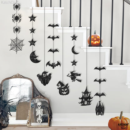 KatchOn, Glitter Black Halloween Garland - Huge, Pack of 10 | Halloween Party Decor Garland with Ghost, Witch, Skull, Raven, Pumpkin & Tree Cutouts | Spooky Party Hanging Decoration