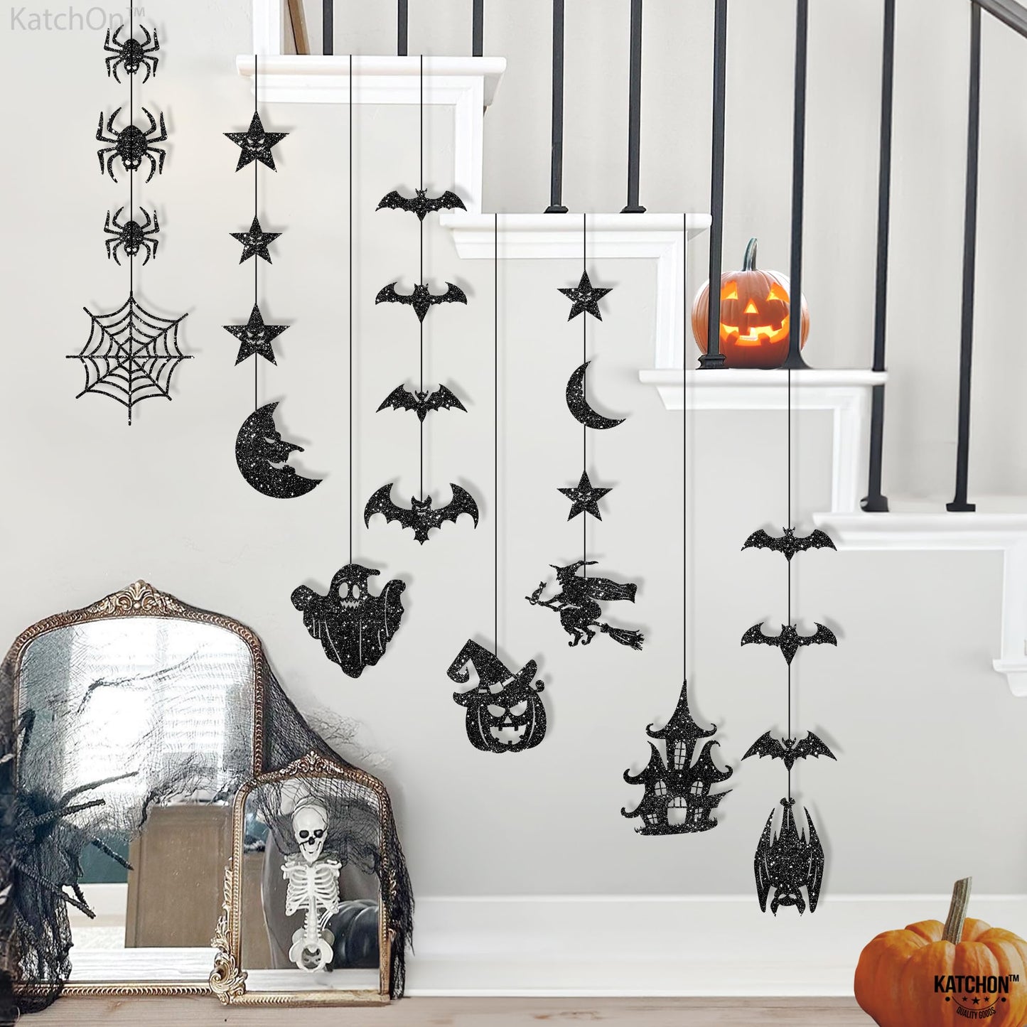 KatchOn, Glitter Black Halloween Garland - Huge, Pack of 10 | Halloween Party Decor Garland with Ghost, Witch, Skull, Raven, Pumpkin & Tree Cutouts | Spooky Party Hanging Decoration