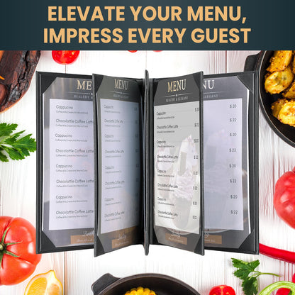 AMGSH 6 Pack 8 View Menu Holder Menu Covers 8.5" x 11" | Restaurant Menu Covers Diploma Cover Black Leather Menu Sleeves Book Style for Restaurant Coffee Bars Wine List Fit for Letter Size Paper