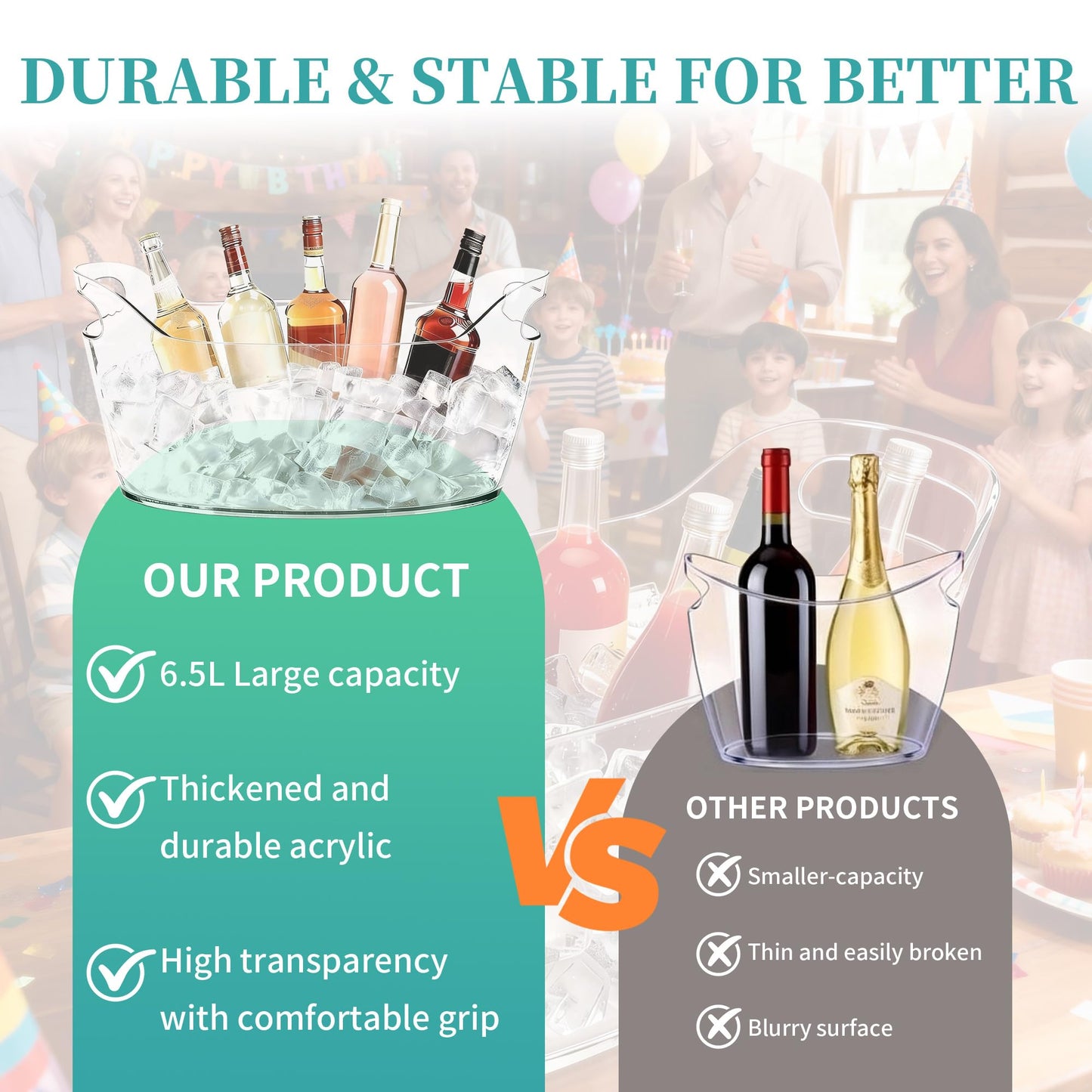 6.5L Large Ice Bucket for Parties, 2PCS Clear Acrylic Drink Buckets with Scoop & Metal Wine Bottle Opener, Champagne Bucket Tub for Wine, Beer, Cocktail Bar & Mimosa Bar Supplies Cooler