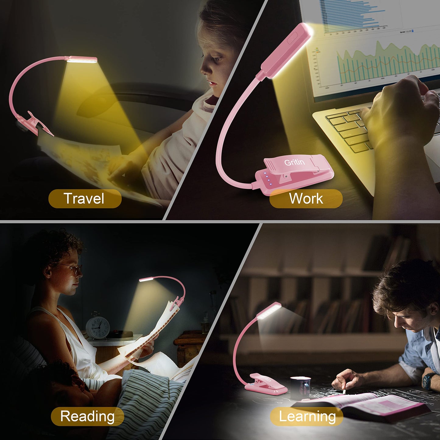 Gritin 9 LED Rechargeable Book Light for Reading in Bed - Eye Caring 3 Color Temperatures,Stepless Dimming Brightness,80 Hrs Runtime Small Lightweight Clip On Book Reading Light for Studying