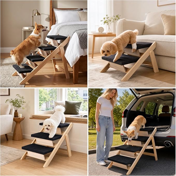 Dog Stairs/Ramp for Bed, Wooden 2-in-1 Foldable Pet Stairs & Ramp, Portable Dog Step Up to 180 Pound for Elderly/Short-Legged Dogs, 2 Steps for Beds, Couch