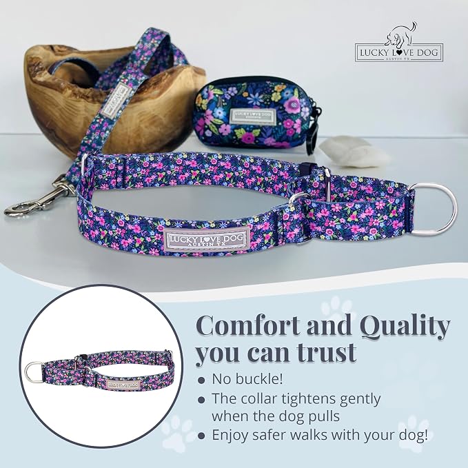 Lucky Love Dog Martingale Dog Collar - Adjustable, No-Slip, Durable, & Soft Webbing Collar for Male and Female Dogs Ideal for Training & Walking - Primrose, Small