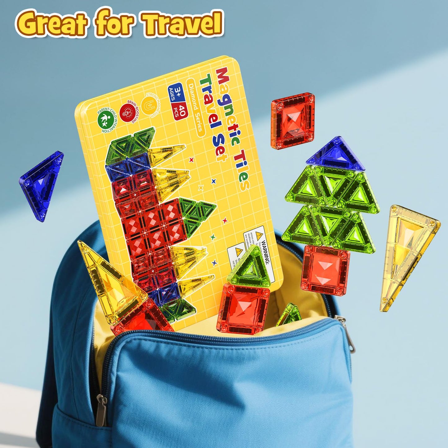 Mini Magnetic Tiles Travel Set - 40PCS Diamond Texture Magnetic Building Blocks for Kids, 10% Thicker & Portable Yellow Metal Storage Box, Montessori STEM Educational Toys Gift for Ages 3+