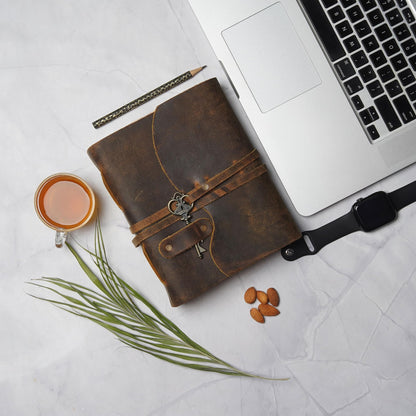 LEATHER VILLAGE Vintage Leather Journal – 200 Handmade Vintage Deckle Edge Paper – Leather bound Journal For Women Men – Vintage Key Closure - Book of Shadows - Cappuccino Brown - 8X6 inches (A5)