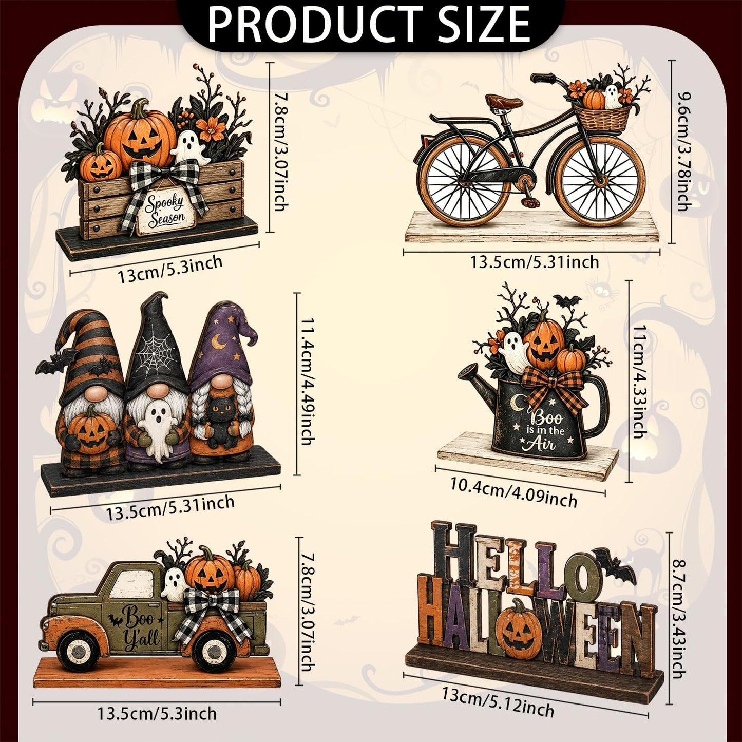 6 Pieces Halloween Decor Hello Halloween Table Topper Signs Spooky Pumpkin Ghost Gnome Truck Tiered Tray Centerpiece Farmhouse Halloween Wooden Tabletop Decorations for Indoor Home Kitchen Party