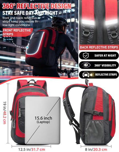 ProEtrade Backpack Bookbag for College Sturdy Travel Business Hiking Fit Laptop Up to 15.6 Inch Multi Compartment Gifts for Men Women Night Light Reflective (red)
