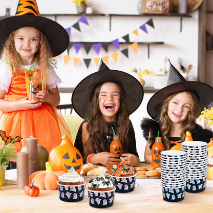 JarThenaAMCS 50Pcs Halloween Snack Cups Iridescent Ghost Candy Paper Treat Cups 8oz Cute Spooky Boo Disposable Dessert Soup Bowl for Hot or Cold Foods Halloween Fall Party Supplies