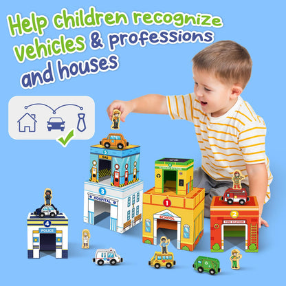 Aizweb Toddler Sorting&Stacking Toys with Magnetic Wooden Vehicle,Cars&Community Helpers,STEM Building Blocks,Educational Learning Montessori Gifts for 1 2 3 Year Old Boys Girls Preschool Kindergarten