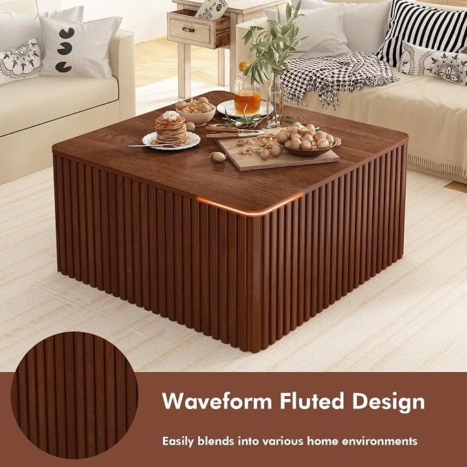 Fluted Square Coffee Table with Storage Large Wood Center Table with Solid Wood Veneer Top Mid Century Modern Low Coffee Table for Living Room, Rustic Brown
