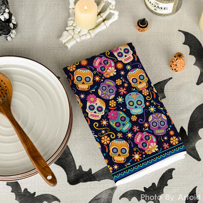 Artoid Mode Suger Skulls Floral Day of The Dead Kitchen Towels Dish Towels, 18x26 Inch Halloween Decoration Hand Towels Set of 2
