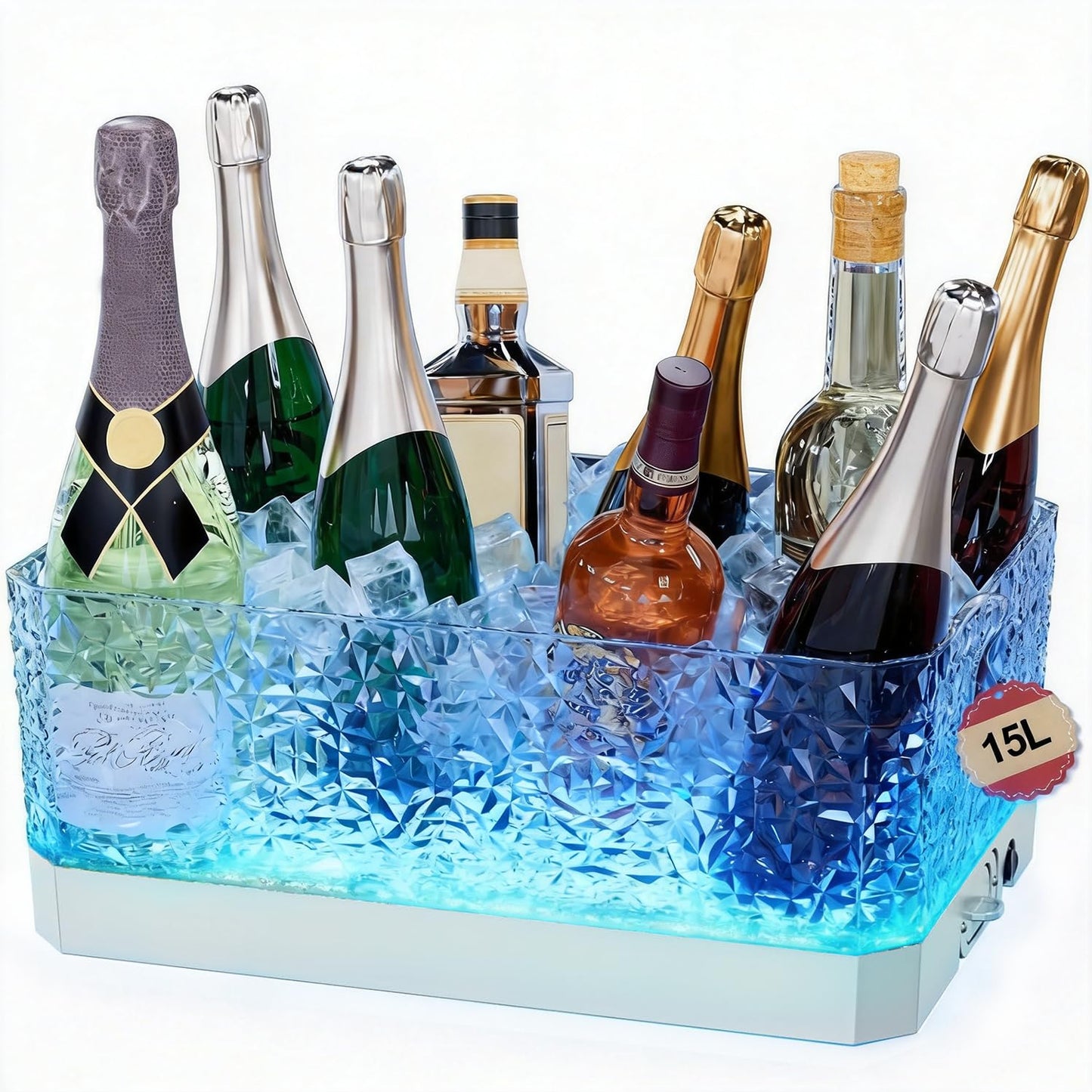DaJi-U Plastic Ice Bucket for Parties, 15Liter / 4 Gallon Big Large Clear Beverage Tub for Champagne Beer Drink Wine Cocktails Bar, Hosting Party Essentials, LED Light Up, Rectangular, Leakproof