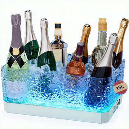 DaJi-U Plastic Ice Bucket for Parties, 15Liter / 4 Gallon Big Large Clear Beverage Tub for Champagne Beer Drink Wine Cocktails Bar, Hosting Party Essentials, LED Light Up, Rectangular, Leakproof