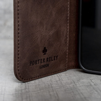 Porter Riley - Leather Case for iPhone SE 2022/20 and iPhone 8 / iPhone 7. Premium Genuine Leather Stand/Cover/Wallet/Flip Case with Card Slots & Horizontal Stand (Chocolate Brown)
