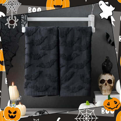 SmoothNovelty 2 Pcs Hand Towels for Bathroom Halloween Hand Towels 100% Cotton Absorbent Decorative Jacquard Weave for Halloween Bath Kitchen Decor Gift, 13.8 x 29.5 Inch(Black,Bat)