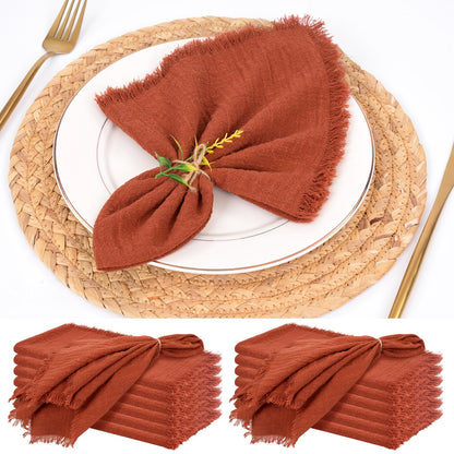 12 Pack Terracotta Cloth Napkins Cotton Linen Napkins with Fringe 16 x 16 Inch Soft Handmade Napkins Cloths Delicate Washable Rustic Dinner Napkin Cloths for Wedding Party Dinner Table Decor