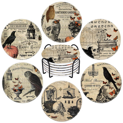 Whaline 6Pcs Halloween Coasters with Holder Vintage Owl Crow Skull Ceramic Drink Coasters Absorbent Cup Mat for Home Kitchen Party Table Protection
