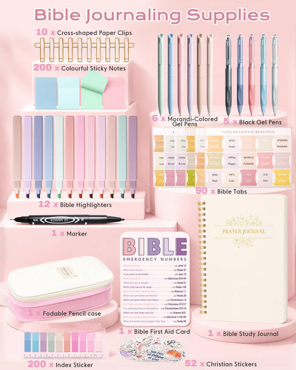 XKDOUS 60 Pcs Bible Study Supplies, Bible Study Kit for Women, Bible Journaling Supplies with Spiral Notebook Journal, Bible Tabs, Pen Case and More, Bible Highlighters and Pens No Bleed for Books