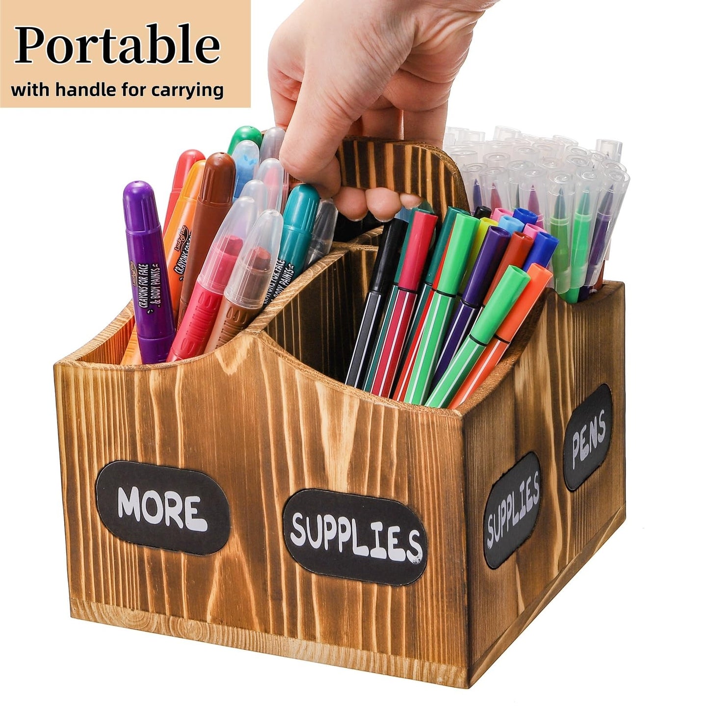 Covzoe 360° Rotating Art Supply Organizer, Wood Pen Pencil Holder with Handle, 4 Slots Lazy Susan Desktop Storage Caddy for Paint Brushes, Crayons, Art Studio, School, Office Supplies