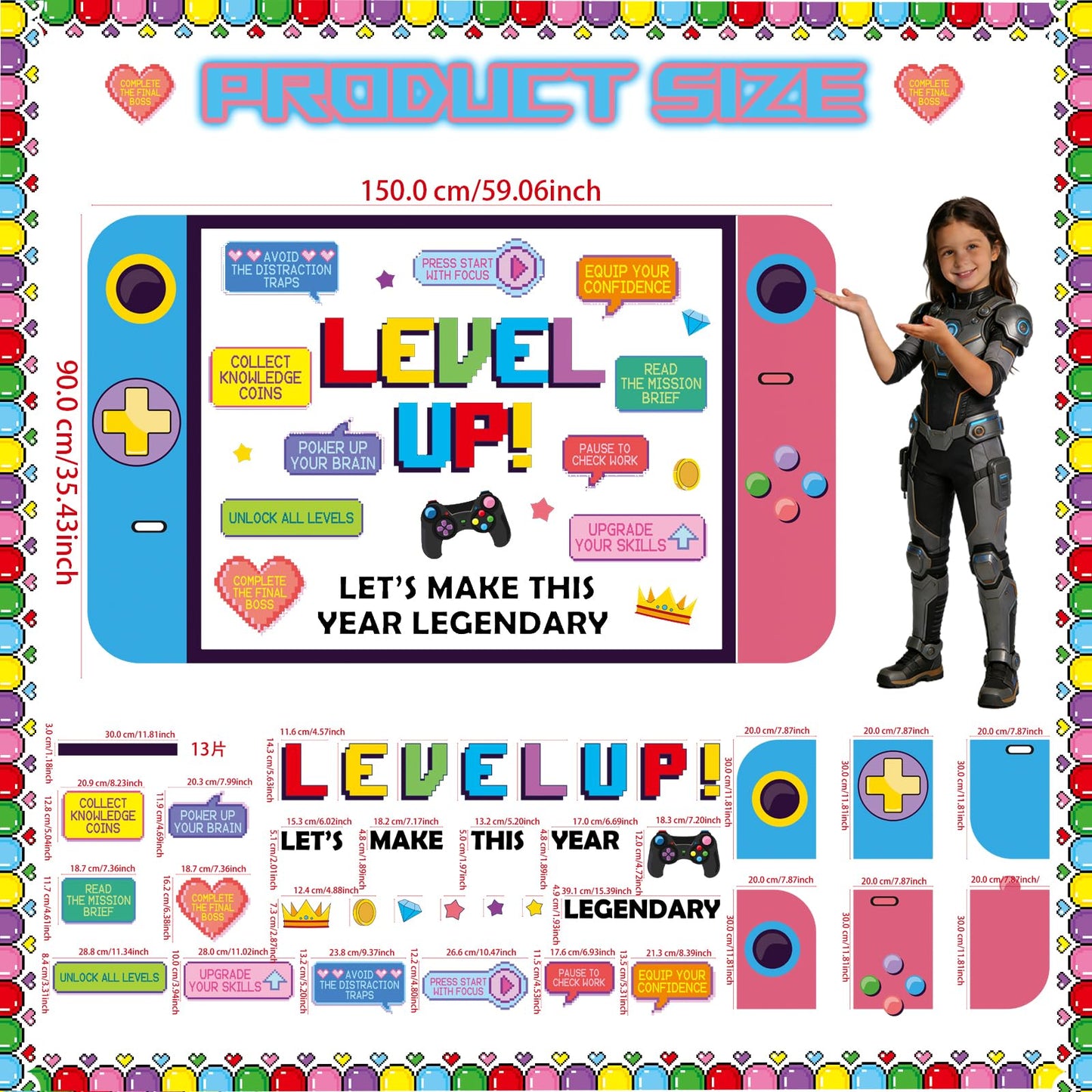 Video Game Growth Mindset Bulletin Board Decorations Set with Borders Level up Motivational Cutouts Decor for Teachers Back to School Bulletin Board for Class School Classroom Chalkboard Wall Decor