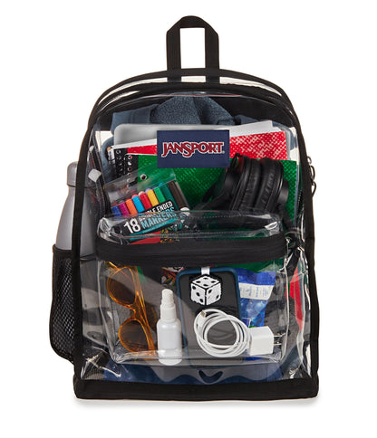 JanSport Clear Pack – 25.5L Transparent Backpack, Large Main Compartment, Side Water Bottle Pocket, Front Zippered Pocket, Mesh Bottom Panel, Clear