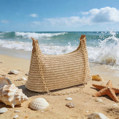 XquiziFit Beach Bags for Women Summer Straw Purse Boho Woven Shoulder Bag Crochet Purse Vacation Tote Handbag Khaki