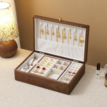 Black Walnut Wooden Jewelry Box, 2 Layer Large Natural Solid Wood Jewelry Organizer Storage with Removable Tray for Necklace Ring Earrings Watch Bracelet, Velvet Lined Box Gifts for Mom, Women, Girls