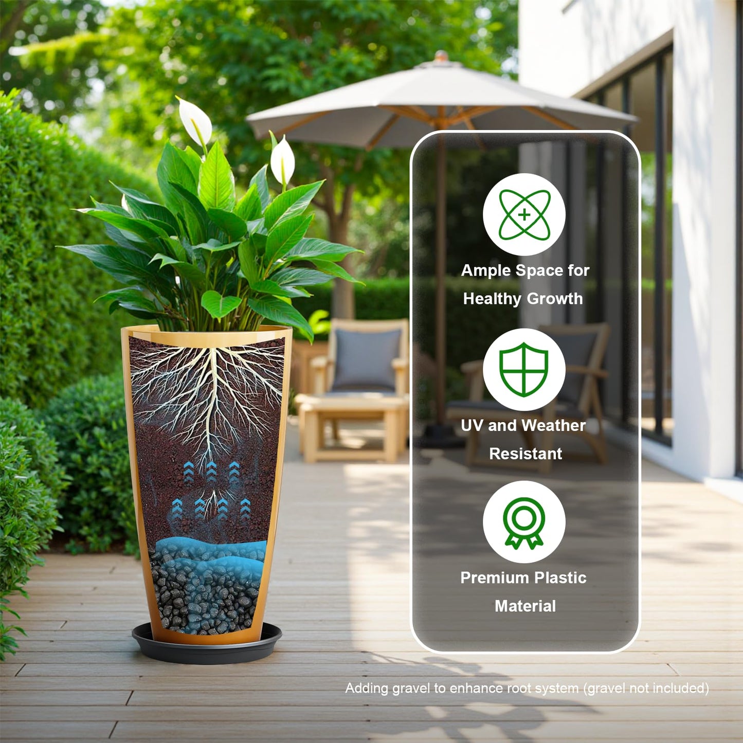 QCQHDU 21 inch Tall Planters for Outdoor & Indoor Plants, 2 Pack Sturdy Plant-Flower-Tree Pots for Front Porch Patio Deck Living Room Decor, Golden