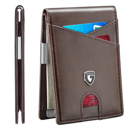 GSOIAX Slim Leather RFID Bifold Wallet for Men Minimalist Front Pocket Wallet with Money Clip,12 Card Slots,ID Window,Cool Groove Design,Includes Gift Box (Leather Brown)