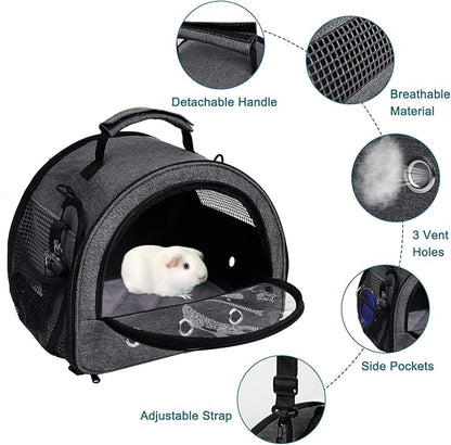 Guinea Pig Carrier, Small Pet Hamster Carrier Bag, Rabbit Bunny Travel Carrier Outdoor Handbag, Breathable Carrier for Small Animals with Water Bottle Holder & Removable Liner (Grey-Large)