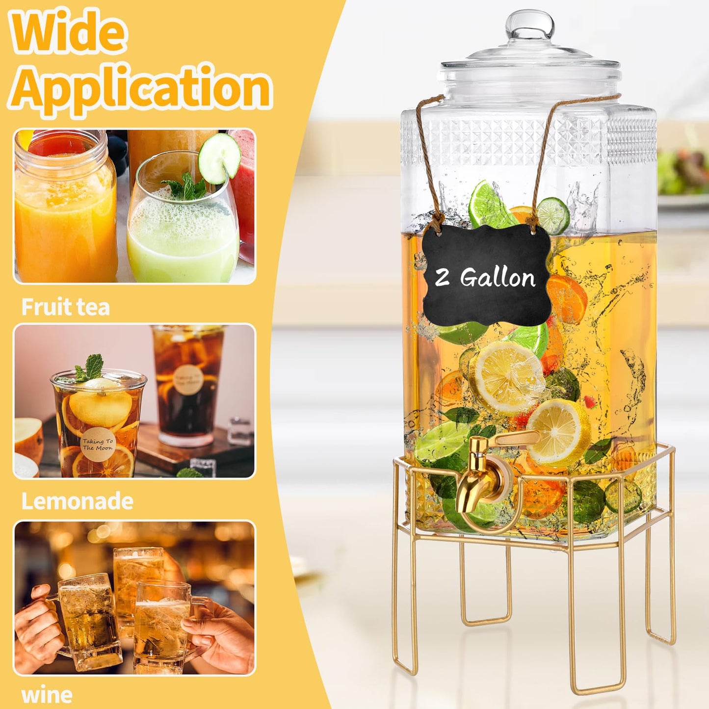 Drink Dispenser,2 Gallon Drink Dispensers for Parties,Beverage Dispenser with Stand,Glass Lid and Stainless Steel Spigot Leak-proof, Ideal for Lemonade,Juice, Tea, and Party Drinks