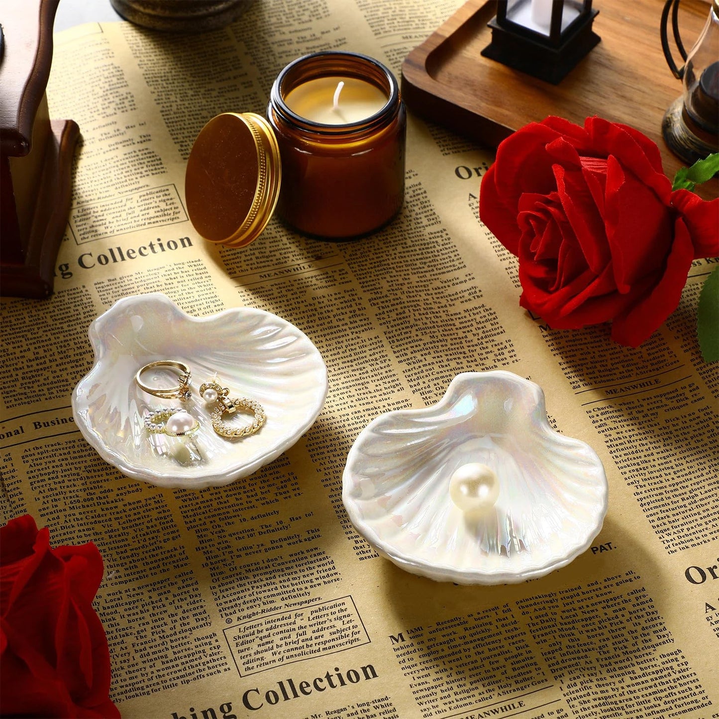 Teenyyou 8 Pcs Shell Ring Dish Ceramic Jewelry Trinket Dish Tray Seashell Ring Key Holder Bowl Beach Room Coastal Plate Decor for Home Bathroom Counter(White)