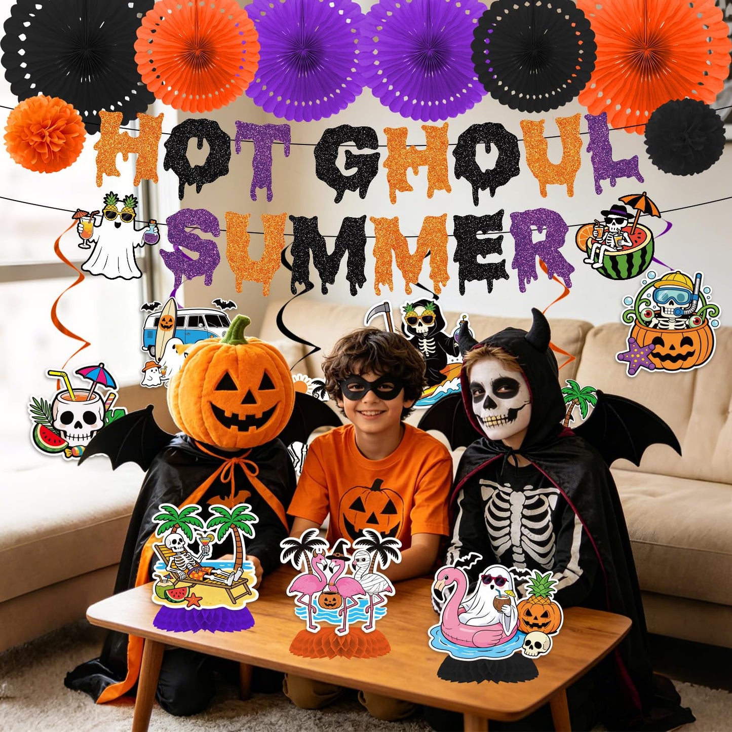 Musaeva Happy Summer Ween Party Decorations, 19PCS Summer Halloween Banners with Hanging Swirls Decorations, Hot Ghoul Paper Fans with Paper Poms Decor for Hallows' Eve Ghost Supplies