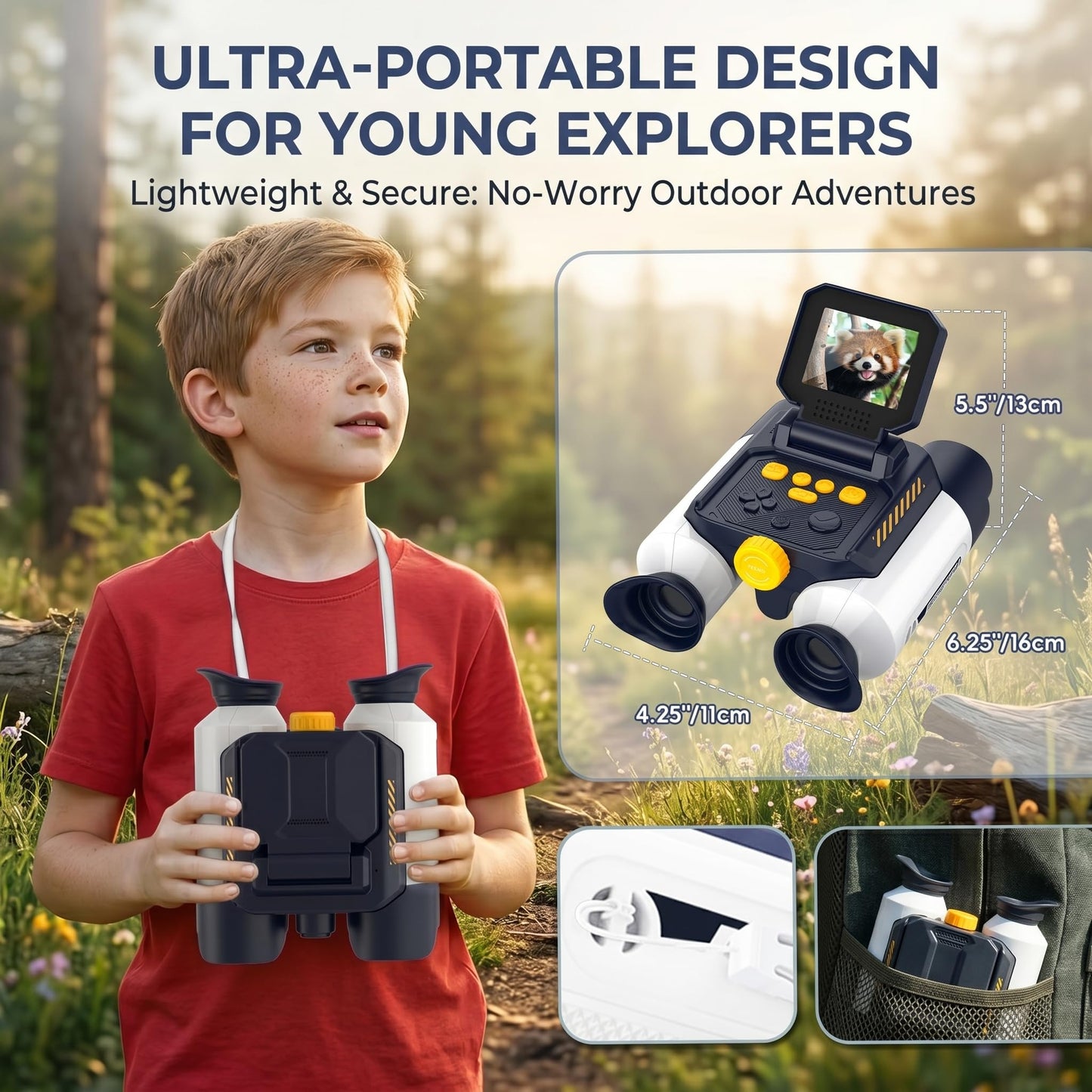 OAEBLLE Kids Binoculars with Night Vision Camera, 10X Zoom Digital Adventures Telescope with 2.4" IPS Screen, Nature Explorer STEM Toys for Bird Watching Camping, Gifts for Boys Girls Age 4-12 - White