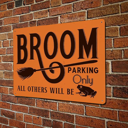 Witch Broom Parking Only Poster Halloween Broom Metal Sign – Funny Witch Porch & Kitchen Decor – 8x12 Inches