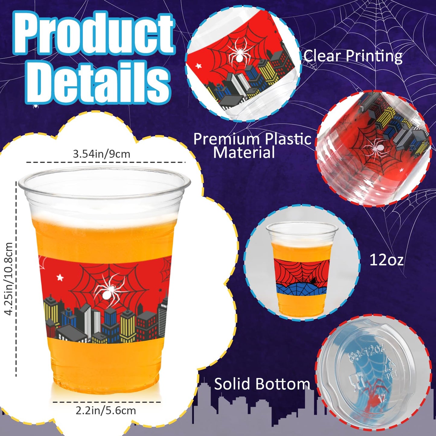 CUPLOOV 50Pcs Spider Web Birthday Party Decorations Cups, 12 OZ Disposable Plastic Drinking Cups Hot Cold Drink Wine Coffee for Home Sports Birthday Christmas Themed Holiday Party Supplies Favors