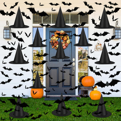 Famoby 12pcs Halloween Black Witch Hat with 157 FT Nylon Cord &120pcs Bat Sticker for Indoor Outdoor Home Yard Porch Ceiling Halloween Party Decorations