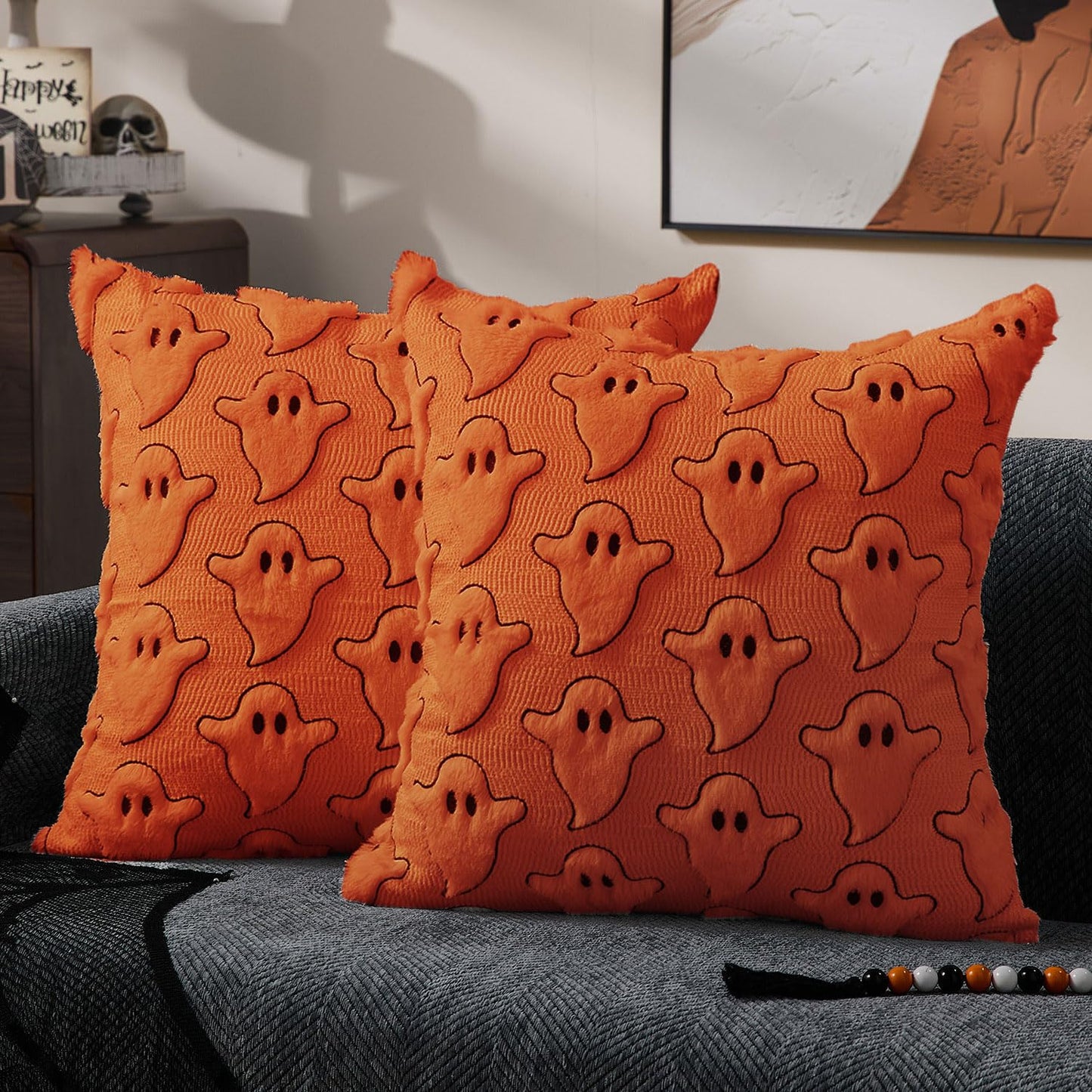 DFXSZ Halloween Pillow Covers 18x18 inch Set of 2 Black Eyes Orange Ghost Throw Pillow Cases Soft Plush Faux Fur Wool Couch Cushion Case for Chair Sofa Bedroom Living Room Home Decor PTK056C18