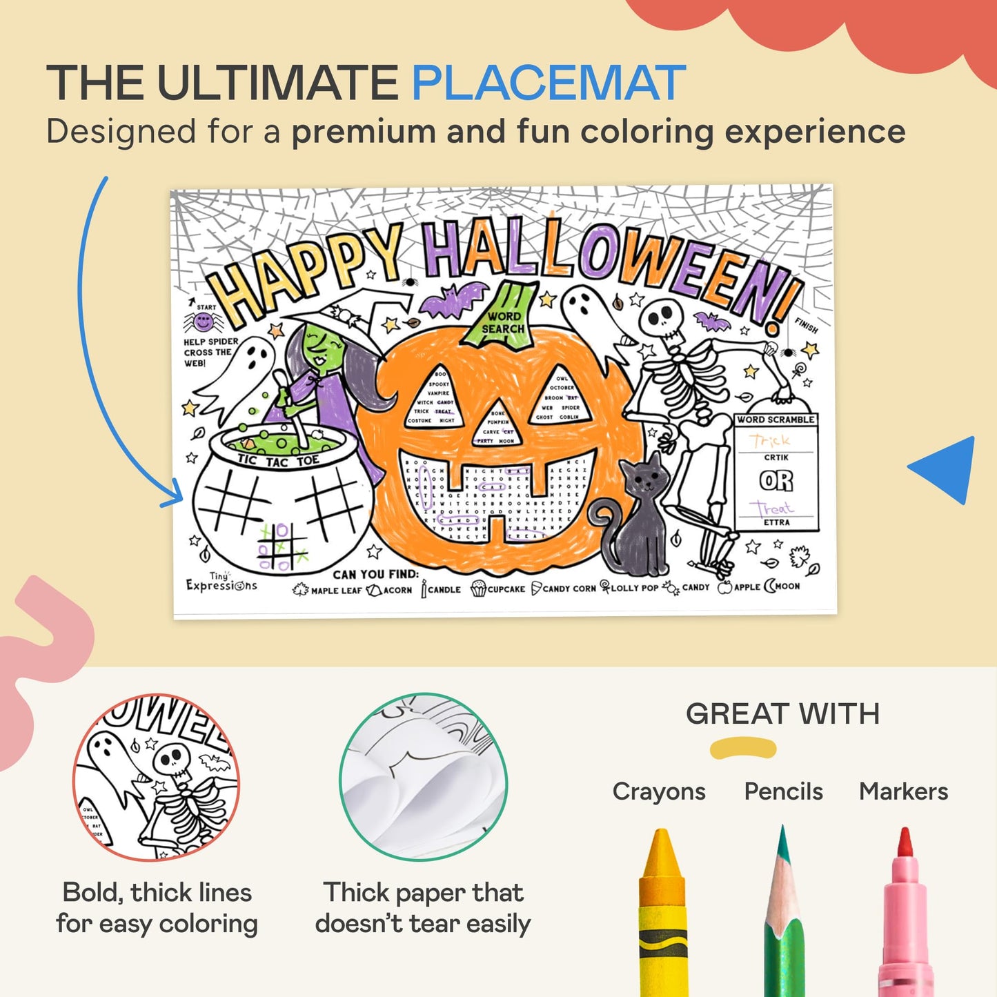 Tiny Expressions Halloween Placemats (Pack of 12 Pumpkin Placemats) | Coloring Activity Paper Table Mats for Parties & Events | Disposable Bulk Bundle Set