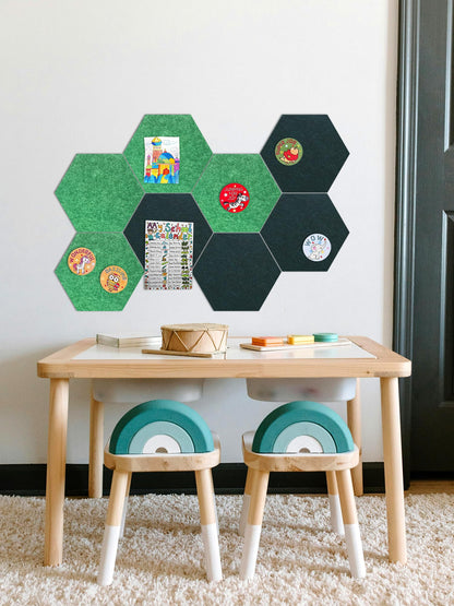 Hexagon Felt Bulletin Board Tiles, 8 Pcs, 8.7 x 7.5 inches, with 20 Pushpins, for Easy Display of Photos Pictures Memos Notices, Felt Wall Tiles for Office Home Classroom (Green)