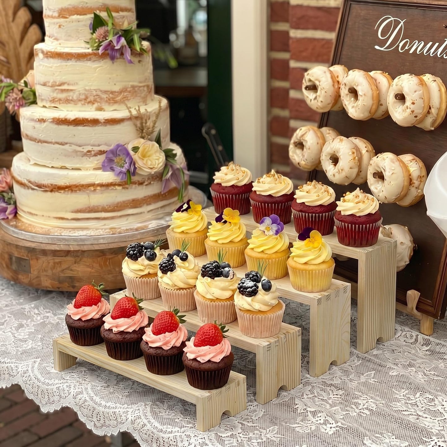2 Set Wood Risers Tiered Display Stands Wooden Cupcake Stand Small Perfume Organizer Stackable Food Display Risers for Party Dessert Table Cologne Organizer Wood Risers for Decor Vendor, Nature