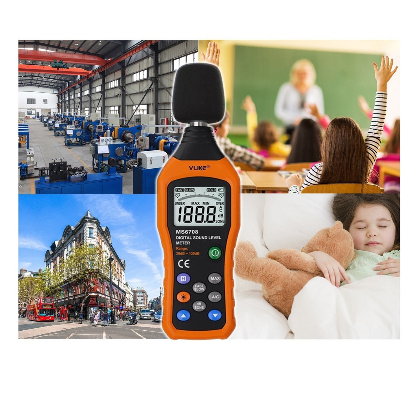 VLIKE LCD Digital Audio Decibel Meter Sound Level Meter Noise Level Meter Sound Monitor dB Meter Noise Measurement Measuring 30 dB to 130 dB A/C Mode (Batteries Not Include)