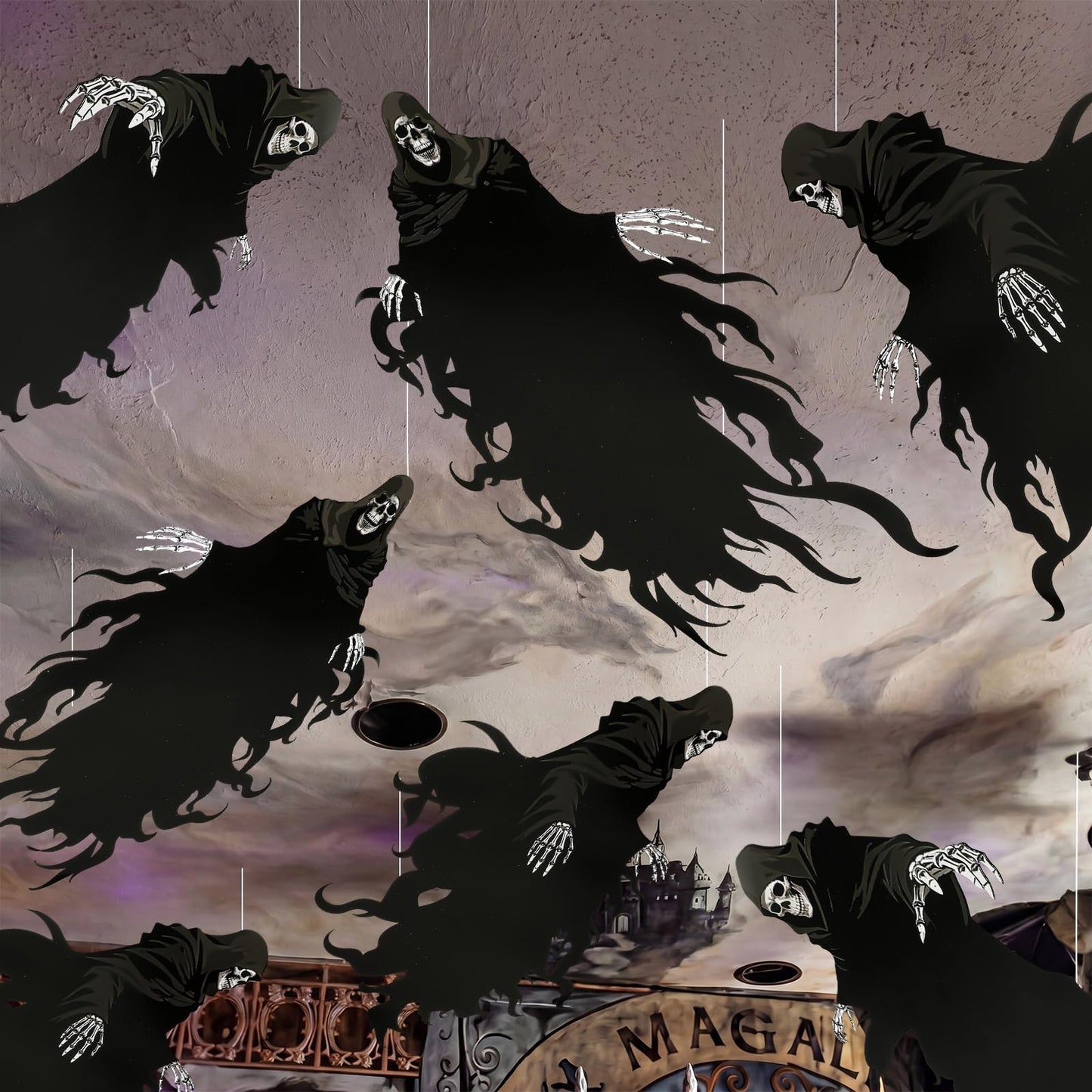 Preboun 20 Pcs Grim Reaper Hanging Decorations Magical Wizard Party Decorations Wizard Theme Birthday Paper Ceiling Streamers Spooky Ornaments for Kids School Classroom Birthday Halloween
