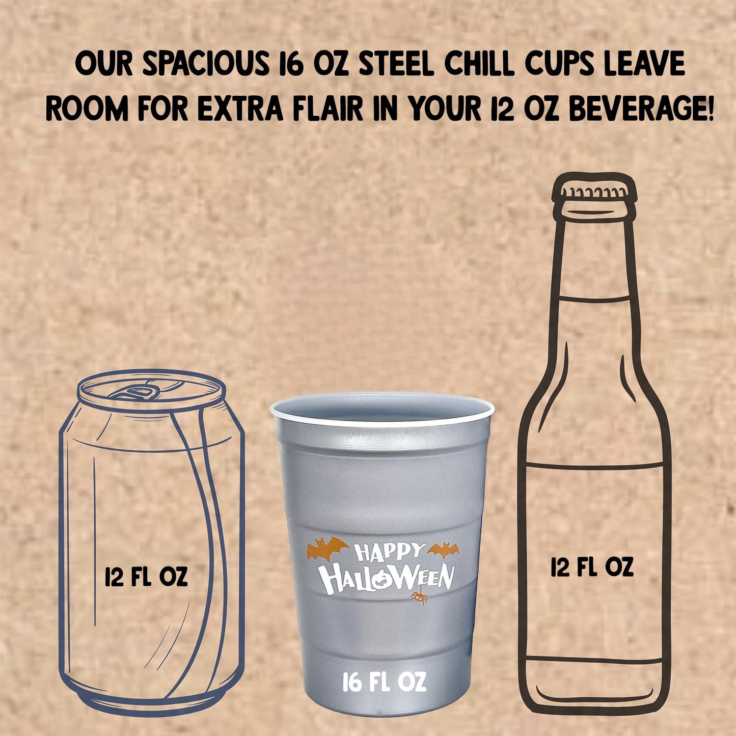 Steel Chill Cups 16 oz. Party Cups 'Happy Halloween' Ghost Design for Cold Drinks, Durable, Disposable, Recyclable, Made in USA, Gray, 12 Count