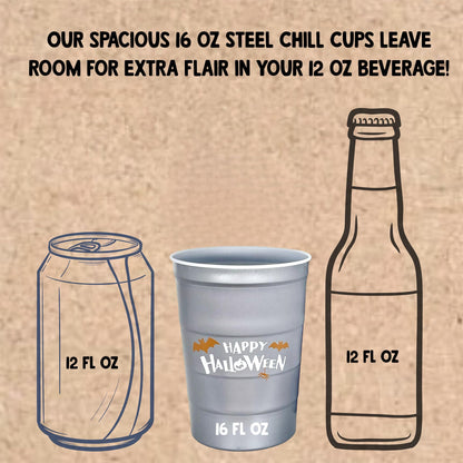 Steel Chill Cups 16 oz. Party Cups 'Happy Halloween' Ghost Design for Cold Drinks, Durable, Disposable, Recyclable, Made in USA, Gray, 12 Count