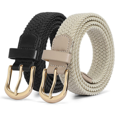 JASGOOD 2 Pack Braided Belts for Women, 1'' Narrow Width Elastic Woven Stretch Fabric Cloth Belts with Gold Buckle