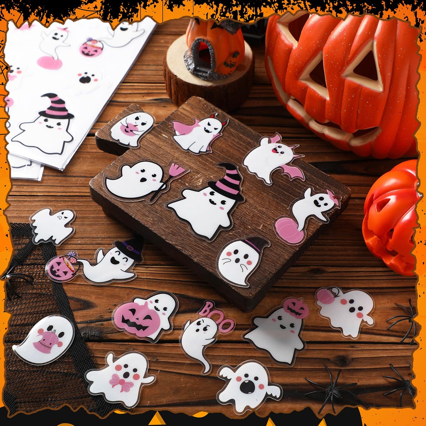 AmazingSpark 60 Pcs 3 Sheet Pink Halloween Thick Gel Window Clings Cute Ghost Pumpkin Boo Witch Gel Decal Stickers for Halloween Party Home Window Door Decor