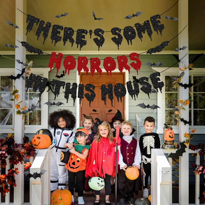 Halloween Party Decorations, There's Some Horrors in This House Banner - Fufuddz Funny Glitter Bloody Scary Happy Birthday Garland with Bat Stickers Trunk or Treat Bachelorette Supplies